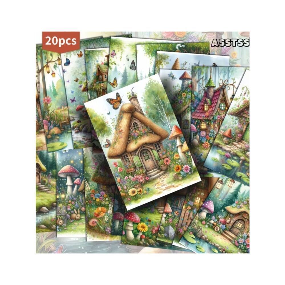 NWT 20pc Retro Whimsical Fairy Cottage Mushroom House Paper Cards Junk Journal